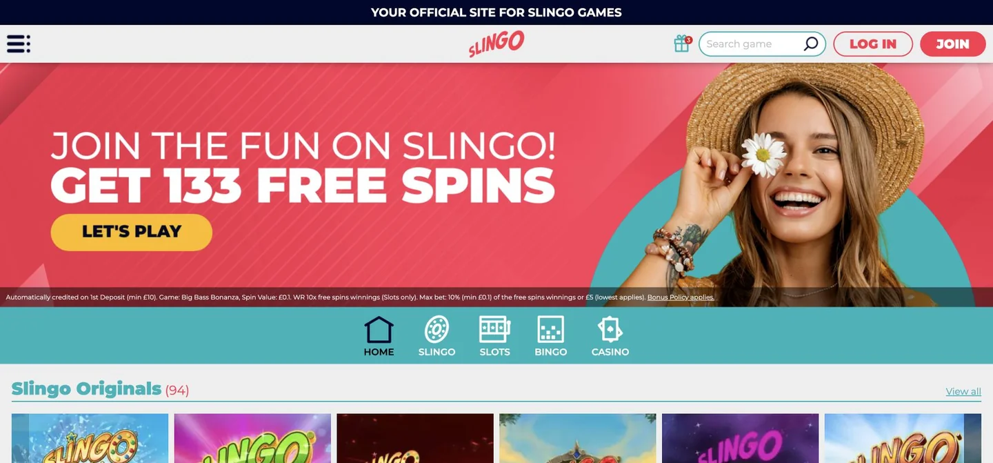 Slingo homepage screenshot