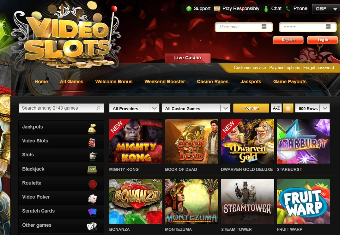 Videoslots homepage screenshot